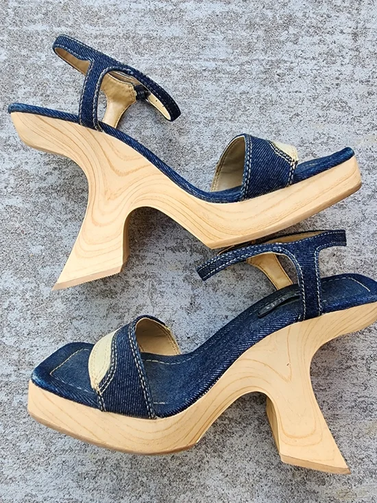 Vintage Y2K Splash Denim Platform Unique Cutout Heel Platform Sandals, Sz 6 - Picture 4 of 10